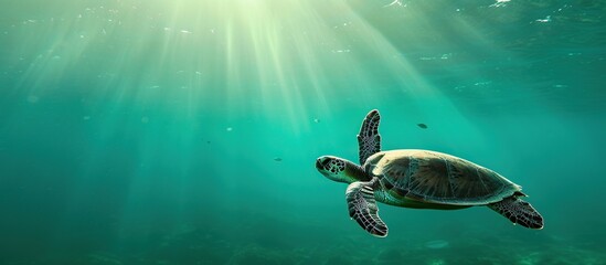 Obraz premium Turtles are swimming under sea water exposed to sunlight