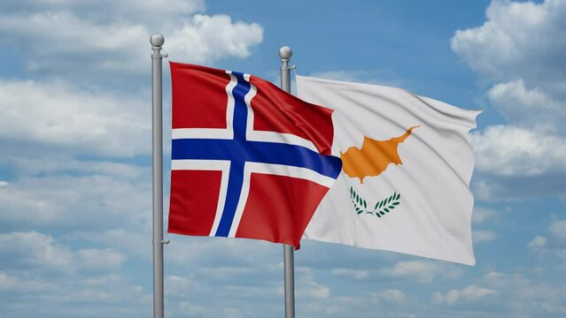 Cyprus and Norway two flags waving together, looped video, two country relations concept