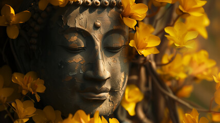 Serenity Buddha Statue Surrounded by Yellow Flowers. Zen Buddhism.