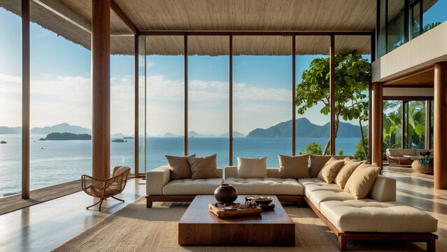 Sala de estar minimalista con vistas panor&aacute;micas al mar y monta&ntilde;as en villa de lujo, Tailandia.