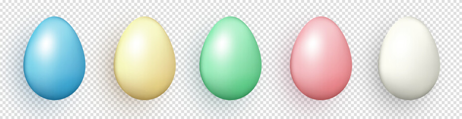 Collection of various pastel colored Easter eggs isolated on transparent background. 3d realistic blue, green, pink, yellow and white painted eggs for Easter holiday