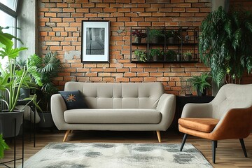 Modern interior of living room with comfortable sofa and armchair near brick wall
