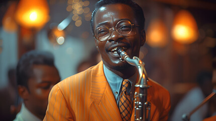An enthusiastic male saxophone player performs in a jazz club with a lively audience in the background - obrazy, fototapety, plakaty