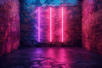 Modern futuristic neon lights on old grunge brick wall room background art, background wallpaper stone, wallpapers, photos, background, landscape, Ai Generate See Less