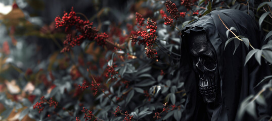 man in a grim reaper mask hiding in dark bushes with red flowers with copy space - obrazy, fototapety, plakaty