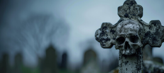 skull sculpture on a cross shaped tombstone with copy space - obrazy, fototapety, plakaty