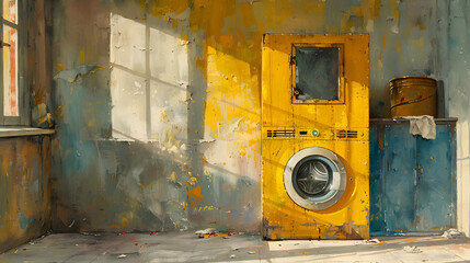 Forsaken space highlighting a vivid yellow washer in a room showing signs of decay and neglect