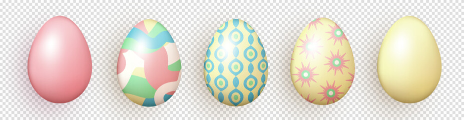 Set of three dimensional realistic colorful painted Easter eggs isolated on transparent background. Multicolored 3d eggs with various pattern as decoration element for Easter cards, banners, wallpaper