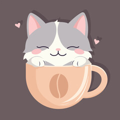 Vector illustration of a cartoon sleepy cute kitten in a large cup of coffee in kawaii style.