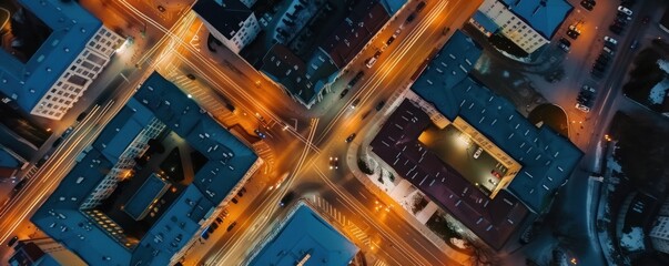 top view of city streets and buildings at night - Powered by Adobe