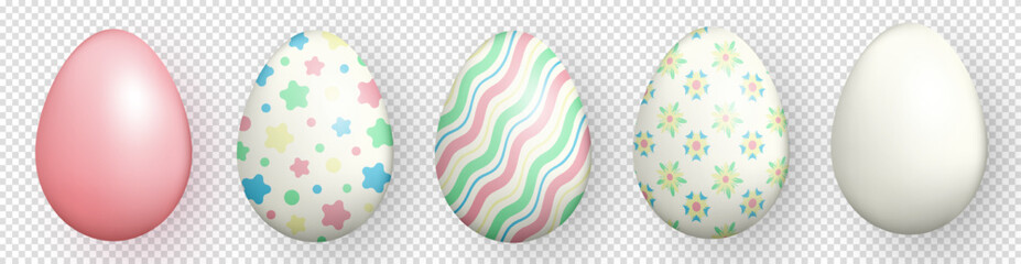 Collection of various colorful three dimensional Easter eggs on transparent background. Realistic 3d multicolored eggs with different patterns as a decoration for Easter holiday