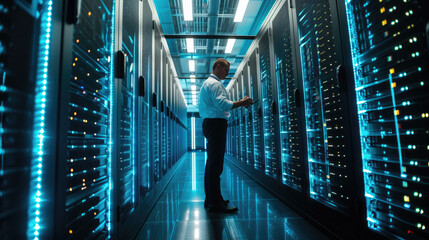 Man is standing in a data center with rows of server racks, holding a tablet and presumably managing or monitoring the network infrastructure.