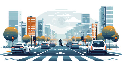 A self-driving car navigating a busy city street wi - obrazy, fototapety, plakaty