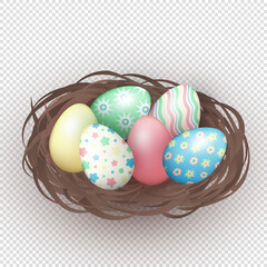 Realistic three dimensional bird's nest with colorful painted Easter eggs with various pattern on transparent background. 3d pastel colored eggs in a nest as a decoration element for Easter holiday