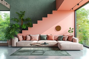 Modern living room with comfortable sofa, pastel colored walls, large windows, stairs to the second...