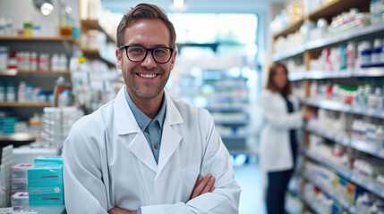 Male pharmacist is smiling at the camera with a pharmacy shelf in the background, and a colleague is slightly out of focus behind him. - obrazy, fototapety, plakaty