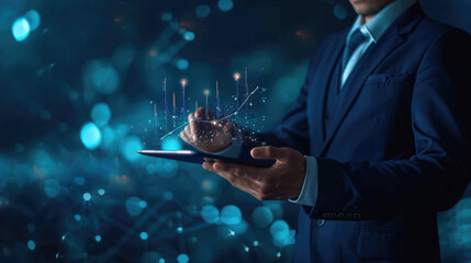 Businessman in a dark suit using a tablet with holographic financial charts projected in front of him, suggesting a high-tech approach to business analytics
