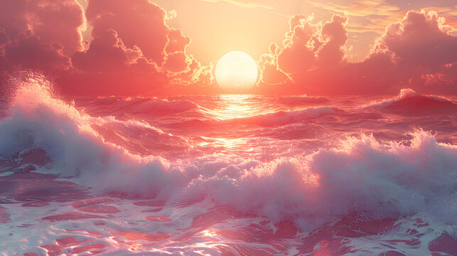 A majestic ocean scene as waves crash under a fiery sunset sky with an enormous setting sun