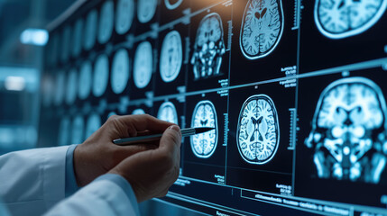 Medical professional analyzing a series of MRI brain scans displayed on a high-tech digital monitor.