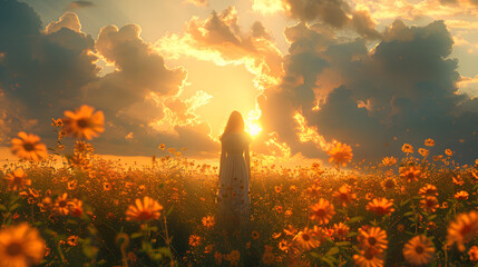 A serene image capturing a woman amidst a field of vibrant orange flowers, with a stunning sunset in the background, emanating a sense of peace