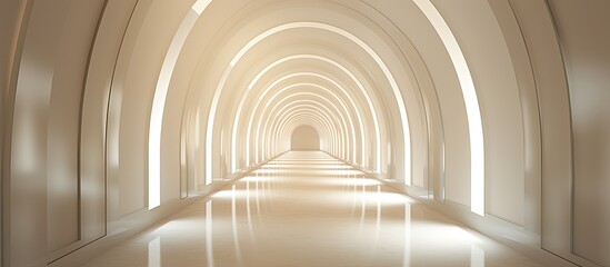 Within the tunnel made of wood and arches, a light shines brightly, illuminating the symmetrical patterns of the buildings parallel walls, creating an artistic circle of hope at the end of the road