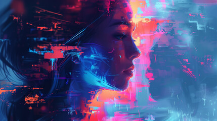 A womans profile is highlighted against a vibrant, neon-lit cyberpunk backdrop with streaks of digital interference and an array of fluorescent colors