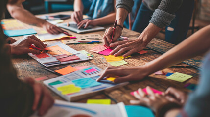 Obraz premium ?lose-up view of several hands collaboratively working on a project with colorful sticky notes, papers, and digital devices on a wooden table.