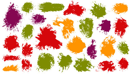 Paint sketch brushstroke vector group. Hand drawn smudge blotch aged shapes. Splodge stain sale banner imprint pack. Daub paint stains design.
