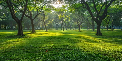 Gorgeous sunrise at public garden with lush lawn and verdant new foliage at Park.