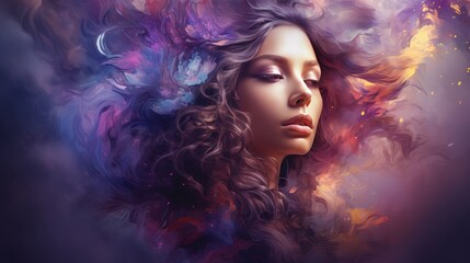 Fototapeta premium Beautiful woman double exposure with colorful digital paint splash - abstract fantasy portrait