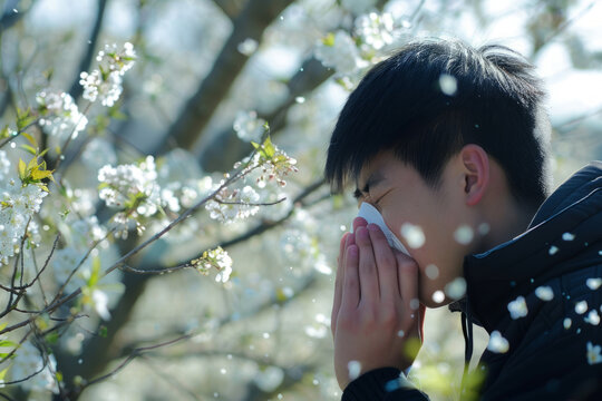 Side view photo of an Asian male sneezing outdoors in spring, knee shot. Suitable for allergy awareness campaigns, health-related articles, or seasonal content