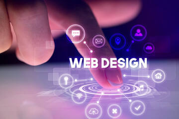 Finger touching tablet with web technology icons concept