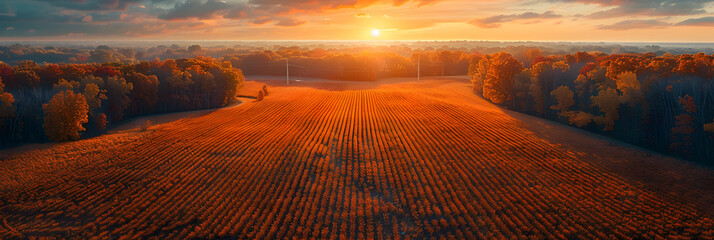 Aerial view of silos in Kaneville township near, View from the height of the field at sunsetaerial view panoramic shot