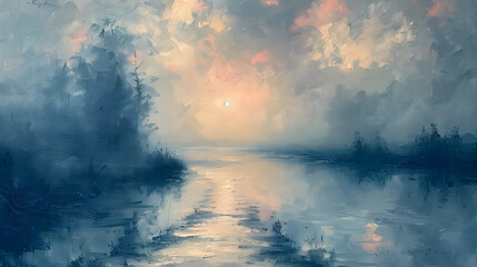 A serene painting showing a misty water landscape at dawn with a soft color palette and delicate light reflections