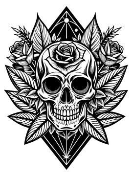 Gothic sign with skull and roses. Vector illustration