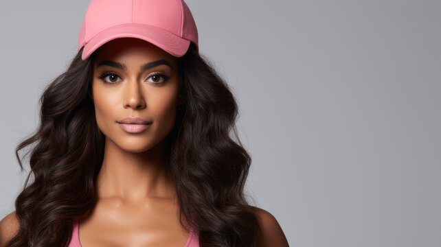 Attractive hispanic athletic young woman with long curly hair wearing a pink baseball cap isolated on a gray background, copy space