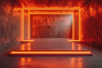 neon lights attached to wall in modern. Futuristic sci-fi abstract background, reflective concrete, empty space, Ethnic boho decor home interior, living room in warm brown color, 3d rendering See Less