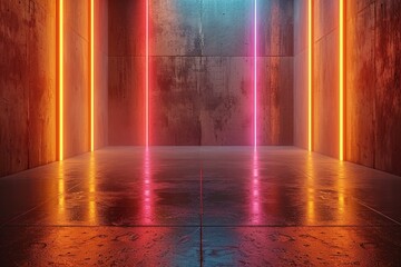 neon lights attached to wall in modern. Futuristic sci-fi abstract background, reflective concrete, empty space, Ethnic boho decor home interior, living room in warm brown color, 3d rendering See Less