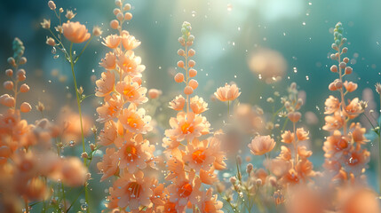 Fototapeta na wymiar Softly focused image of a tranquil meadow filled with pale orange flowers bathed in warm light