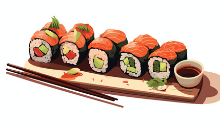 A set of sushi rolls with chopsticks resting on a w
