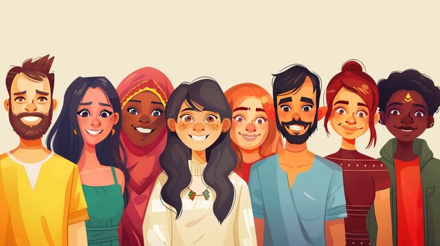 smiling people of different nationalities and different skin colors. Friendship of people.