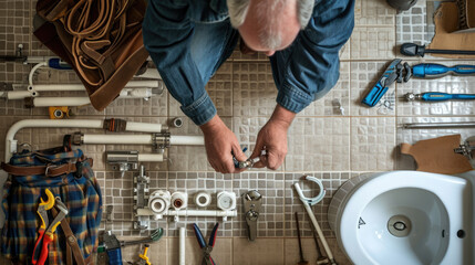 Plumber at work, fitting pipes on a bathroom floor with various plumbing tools