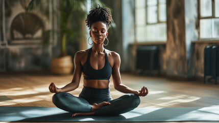 Woman sitting in the lotus position on a yoga mat, meditating with her eyes closed