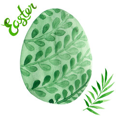 Watercolor green egg and green branch illustration for Easter egg hunt. Hand painted lettering.
- 758268343