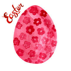Watercolor red floral egg illustration for Easter egg hunt. Hand painted lettering.
