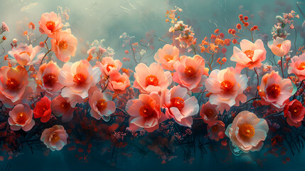 An artistic depiction of vibrant orange poppies and other florals set against a calming blue background with a dreamlike quality