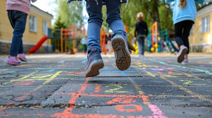 A game of jumping on a school playground with chalk numbers and squares representing childhood innocence and children having fun during recess or after school. - obrazy, fototapety, plakaty