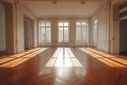 Spacious empty living room with wooden flooring