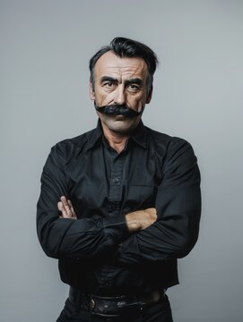brutal man in black clothes with a black mustache portrait.