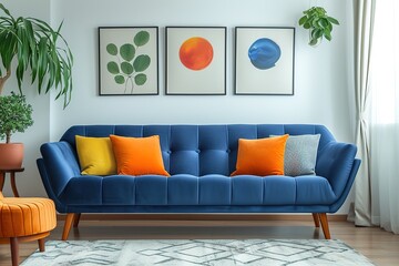 Real photo of bright living room interior with royal blue couch, three simple paintings, window with curtains and fresh plants